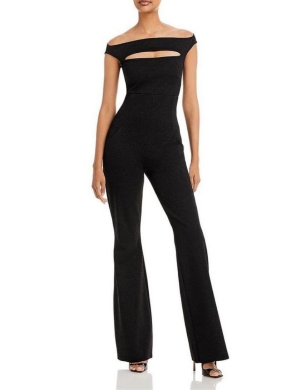 NEW CHIARA BONI Rebecca Cutout Jumpsuit Sugar Lurex Black Size 12 Size 48 Flare